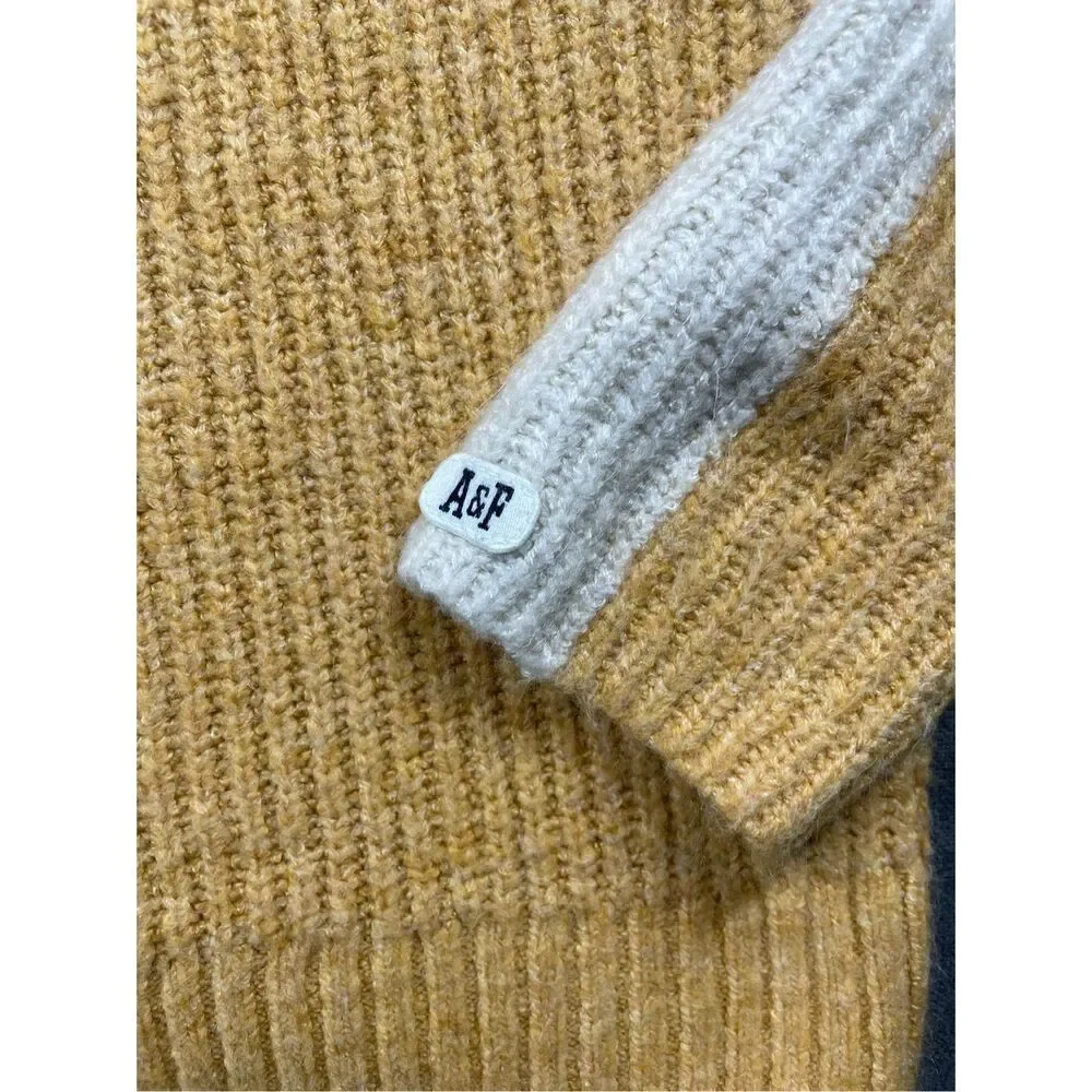Abercrombie‎ Fitch Mock Neck Stripe Sleeve Sweater Womens XL Yellow Y2K Varsity - Picture 2 of 8